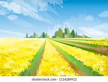 Landscape with yellow wheat fields. Vector colorful illustration.