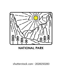 Landscape of Zion National Park in mono line art, patch badge design, emblem design, T-Shirt Design