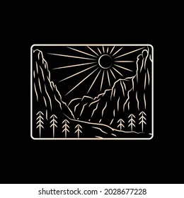 Landscape of Zion National Park in mono line art, patch badge design, emblem design, T-Shirt Design