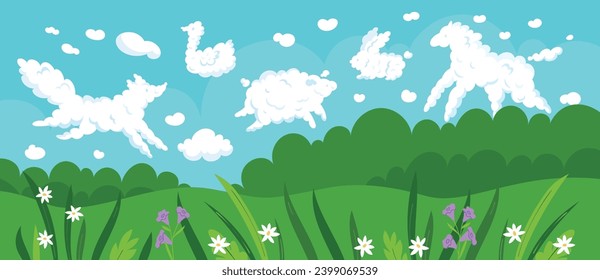 Landscape with zoomorphic clouds. Bizarre cloudy outlines. Similarity with animals. Summer glade. Kids imagination. Forest meadow panorama. Cloudscape fantasy. Garish