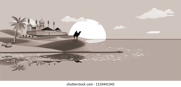 Landscape-Bedouin on the sandy coast. Arab fortress in the desert. Vector illustration in black and white