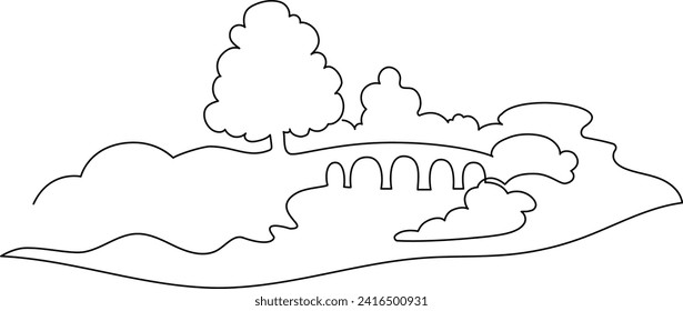 Landscaped park with paths and bridge. A place to relax in nature. Continuous line drawing. Vector illustration. autumn