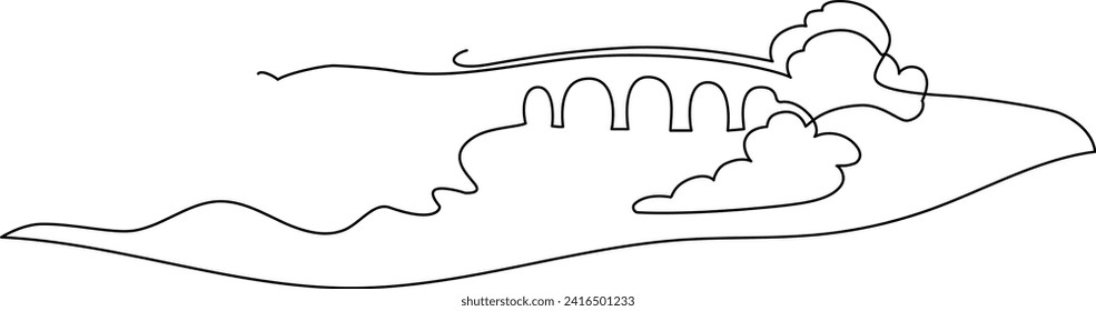 Landscaped park with paths and bridge. A place to relax in nature. Continuous line drawing. Vector illustration. autumn