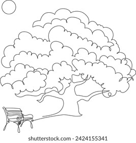 Landscaped park with paths and trees. Wooden bench on a path in a garden or park. A place to relax in nature. Continuous line drawing. Vector illustration.