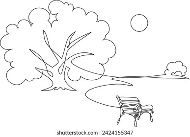 Landscaped park with paths and trees. Wooden bench on a path in a garden or park. A place to relax in nature. Continuous line drawing. Vector illustration.