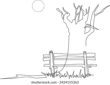 Landscaped park with paths and trees. Wooden bench on a path in a garden or park. A place to relax in nature. Continuous line drawing. Vector illustration.