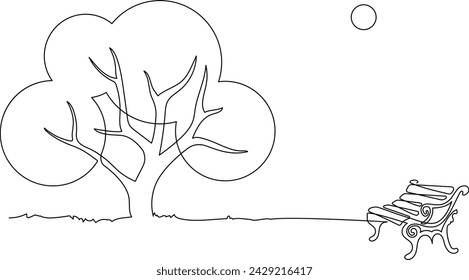 Landscaped park with paths and trees. Wooden bench on a path in a garden or park. A place to relax in nature. Continuous line drawing. Vector illustration.