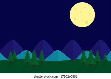 Landscape-Night view of mountains and trees. Flat design.