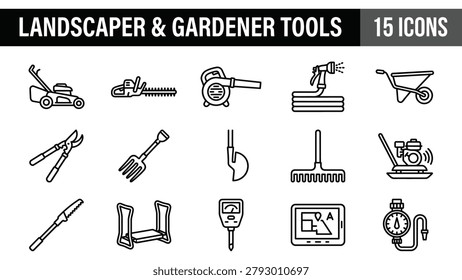 Landscaper and Gardener Tools Icons Set - Lawn Mower, Hedge Trimmer, Blower, Sprayer, Wheelbarrow