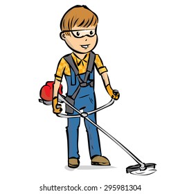 Landscaper man gardener cutting grass with string lawn trimmer. Hand drawn cartoon vector illustration.