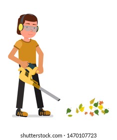 Landscaper operating petrol Leaf Blower in the city park. Worker on a street in autumn collects leaves with a leaf blower. Isolated on a white background. Vector stock illustration.