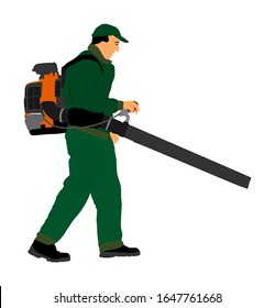 Paisajero operando el soplón de petróleo en el parque de la ciudad, ilustración vectorial. Trabajador en una calle en otoño colecciona hojas con un soplador de hojas. Parque de limpieza de trabajos comunales en la ciudad. Granjero obrero