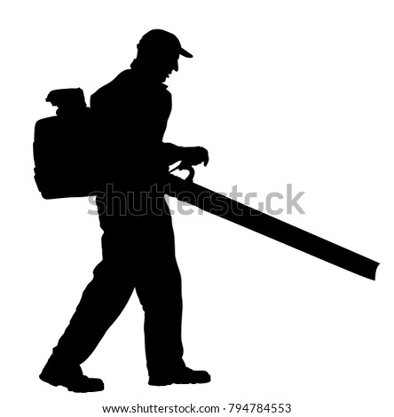 Landscaper operating petrol Leaf Blower in the city park, vector silhouette. Worker on a street in autumn collects leaves with a leaf blower. Communal city job cleaning park. Gardener laborer farmer