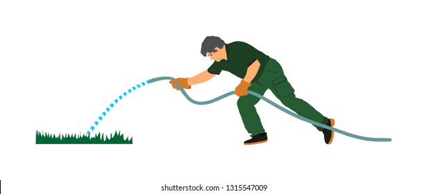 Landscaper watering grass in park vector illustration isolated on white background. Gardener man hand holding water rubber hose tube. Farmer worker outdoor activity. Public field working.