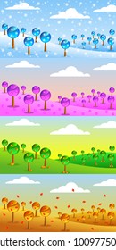 Landscapes with abstract trees in different seasons. Winter, spring, summer, autumn. Design template for postcards, greeting cards, posters, cover, calendar etc. Vector illustration.