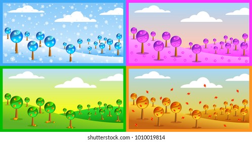 Landscapes with abstract trees in different seasons. Winter, spring, summer, autumn. Design template for postcards, greeting cards, posters, cover, calendar etc. Vector illustration.