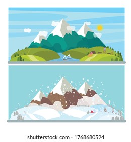 Paisajes de los Alpes. Vistas a las montañas y al lago, al río. Barco de vela en el lago, prados alpinos, montañas nevadas, pueblo alpino, Niza. conjunto plano de esbozo vectorial.