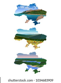 landscapes in the background of the map of Ukraine on a white background