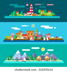 Landscapes By The Sea: Lighthouse And Rocks, City Embankment, Beach Resort. Vector Flat Illustrations