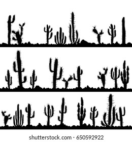 landscapes with cactuses and stones silhouettes, hand drawn vector illustration