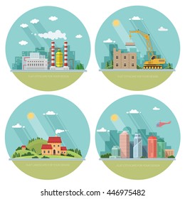 Landscapes of the city, construction, industry. Set icons for your design. Flat style vector illustration.