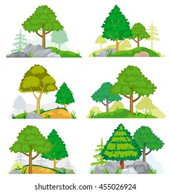 Landscapes with coniferous and deciduous trees, grass and rocks. Vector set of nature landscape with tree and rock, illustration forest tree coniferous