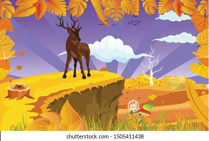 landscapes of Countryside in autumn. Deer in wildlife scene, mid autumn with field, grass, forests,  and leaves falling from trees in yellow foliage. Pretty landscape in fall season.