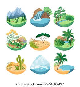 Landscapes with different climate vector illustrations set. Collection of icons or drawings of mountains, island, waterfall, desert, iceberg, different climatic conditions. Nature, climate concept