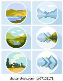 Landscapes of different parts of the world. Pictures are drawn in a flat style vector. Mountains, rivers, forests, ships and wild animals - everything to represent the world around us.