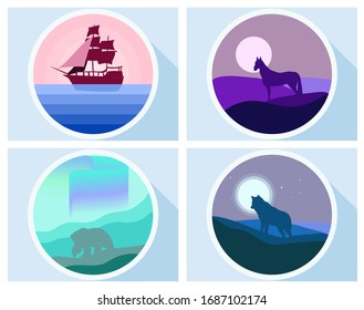 Landscapes of different parts of the world. Pictures are drawn in a flat style vector. Mountains, rivers, forests, ships and wild animals - everything to represent the world around us.