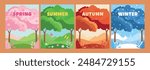 Landscapes of the four seasons of nature. Landscape of spring, summer, autumn and winter in a hand drawn template. Vector.