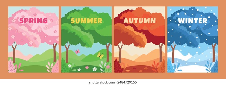 Paisajes de las cuatro estaciones de la naturaleza. Paisaje de primavera, verano, otoño e invierno en una Plantilla dibujada a mano. Vector.