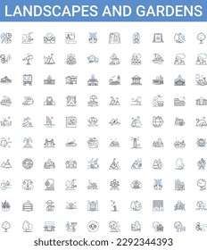 Landscapes and gardens outline icons collection. Landscapes, Gardens, Flora, Fauna, Trees, Greenery, Plants vector illustration set. Turf, Trails, Bushes line signs