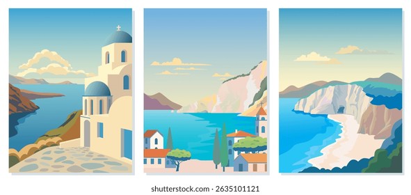 Landscapes of Greece, set of cards with vector illustrations of cities, mountains, beaches and coastal landscapes. Banner with Greek landscape, postcard, cover. Travel, tourism. Mediterranean nature.