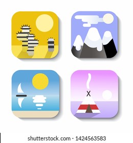 Landscapes icon set with different climatic zones of the Earth. Ocean, desert, mountaines and tundra. Vector illustration in cartoon style.