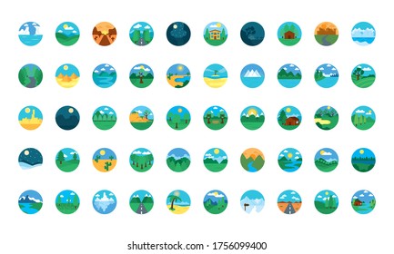 Landschaften Symbol auf weißem Hintergrund, floraler Stil, Vektorgrafik