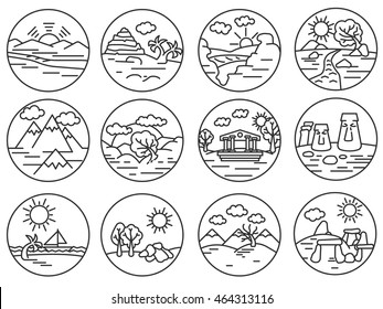 Landscapes icons set. Nature elements collection. Thin line design