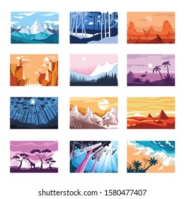 Landscapes isolated icons, mountains and beach, sunset and night vector. Desert and forest, African savannah and Chinese sakura blossom. Mountains and woods, coast and valley, animal silhouettes