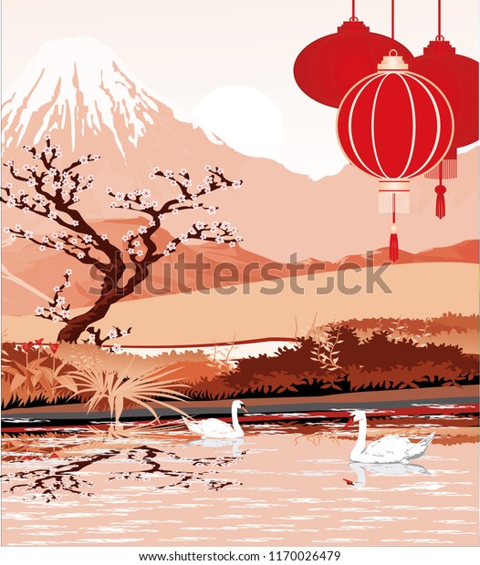 風景 富士山の赤い背景 湖の桜の木 池に白鳥が浮かぶ 中国の球 ベクターイラスト のベクター画像素材 ロイヤリティフリー