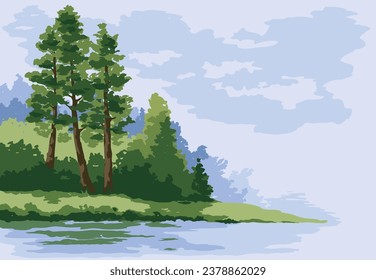 Landscapes with lake and pines. Scandinavian nature, sketch in watercolor style, free hand drawing, vector illustrations.	