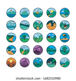 Landscapes line and fill style icon set design, nature earth eco ecology conservation bio environment and outdoor theme Vector illustration