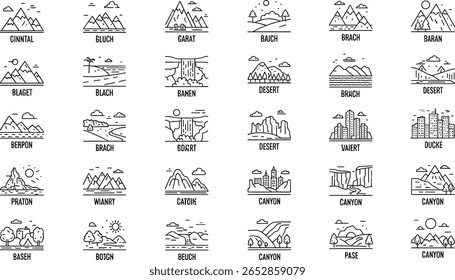 Landscapes line icon set. Vector pictograms of natural and urban scenery, mountain, beach, forest, desert, waterfall, cityscape, canyon thin linear
