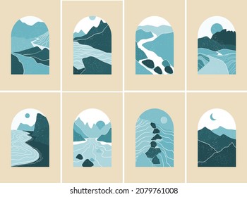 Landscapes monochrome backgrounds with mountains view. Mountains illustration in abstract paper cut style. Travel, adventure postcard, Interior poster with curves of nature , vector template design.