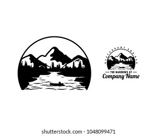 Landscapes of the Mountain and Forest with Boat on the River Sign Symbol Logo Vector