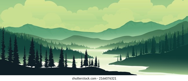 Landscapes with mountains and rivers, vectors, mountain shadows In the incoming or cold.