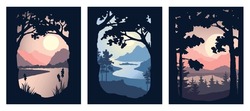 Landscapes With Mountains, Trees, And Pines. Scandinavian Nature In A Frame Of Trees. Three Vector Illustrations.	
