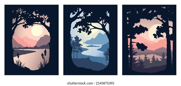 Landscapes with mountains, trees, and pines. Scandinavian nature in a frame of trees. Three vector illustrations.	
