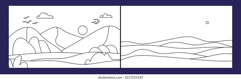 landscapes with mountains,hills  coloring pages vector background set 