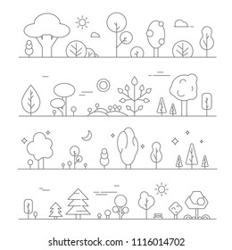 Landscapes with plants. Vector mono line pictures of hills and trees. Landscape park and forest, outdoor linear illustration