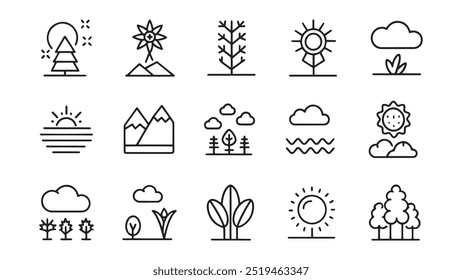 Paisagens, plantas, clima e temas ao ar livre relacionados Minimalist Black Line 15pcs ícones conjunto isolado no fundo branco